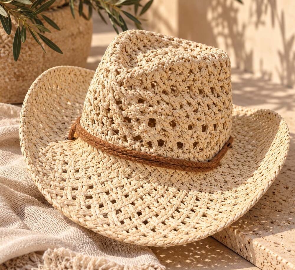 Straw Cowboy Hat Western Sun Hat Wide Brim Beach Hat Beige